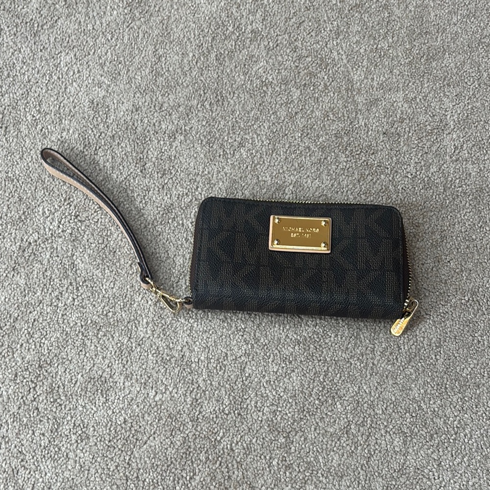 Michael Kors Dark Brown Wristlet with Gold Details